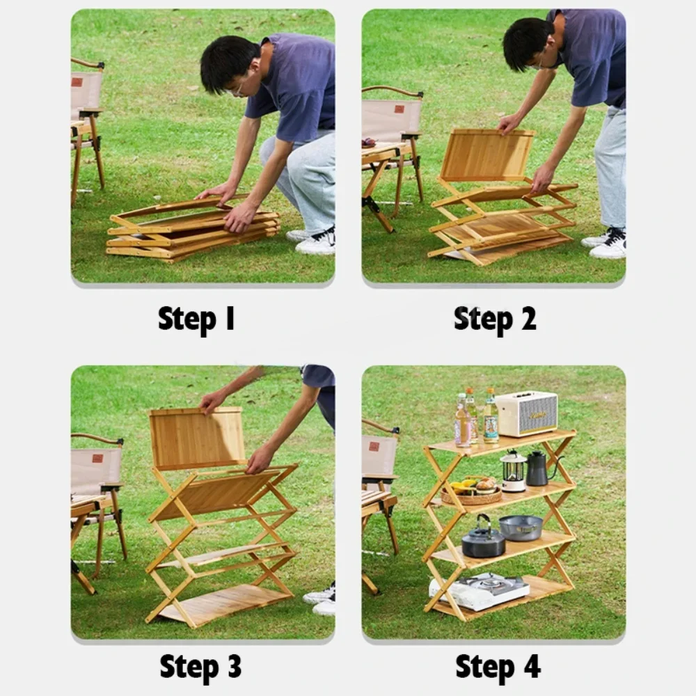 Camping Tables Outdoors Folding Table Portable Camping Wood Shelf Outdoor Portable Storage Rack Multi-Layer Foldable Bamboo Rack image 2