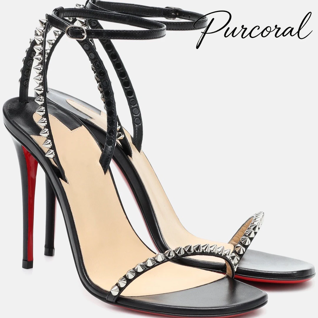 

Purcoral New Purcoral Black Leather Rivet Decor High Heel Sandals Ladies Red Bottom Stiletto Ankle Wrap Punk Evening Footwear