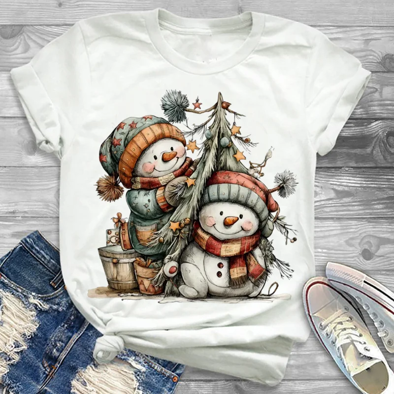 

Рождественская футболка с двойным снеговиком и декоративным узором в виде дерева, белый топ, женская милая футболка с короткими рукавами и круглым вырезом