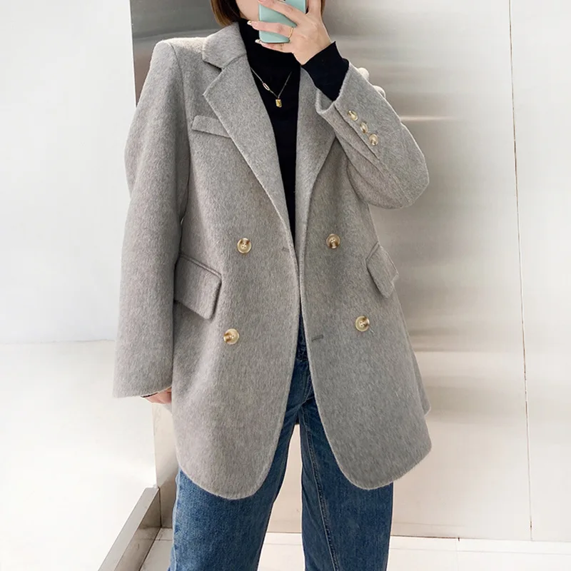 

Women Double Sided Wool Blazer Solid Color Coat Fashion Turn-down Collar Double-breasted Spring Autumn2023 Versatile Casual Top