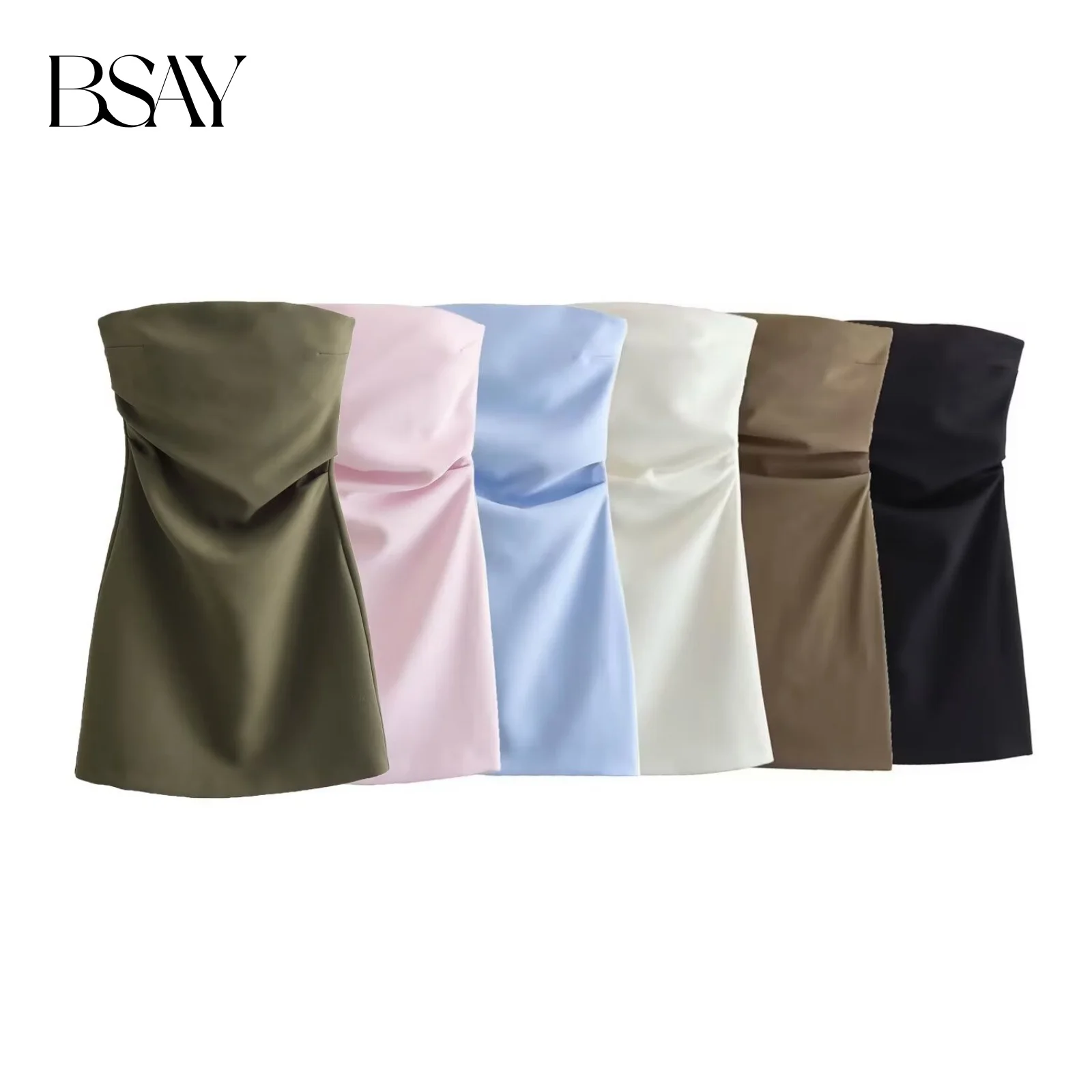 Bsay moda feminina sexy voltar zíper cor sólida plissados sem alças mini vestido chique feminino sem mangas vestidos de noite mujer