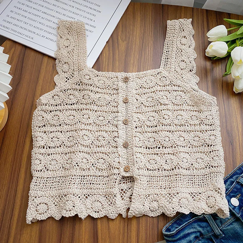 Sheer Crochet Top Embroidery Lace Blouse Sleeveless Button Front Open-knit Cardigan for Women Spring Summer Boho Vacation Outfit