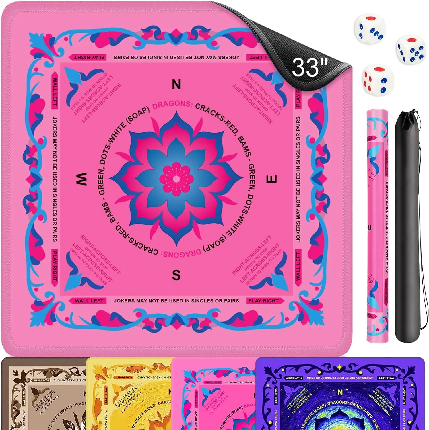 33x33 Inch Pink Mahjong Mat with Rules, Non-Slip, Noise-Reducing, Includes Bag & 3 Dice