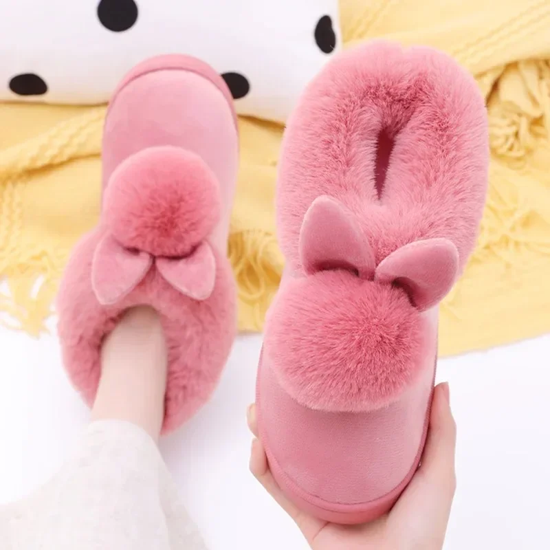 Cute Women Slippers Autumn Winter Cotton Flat Fluffy Slippers Cartoon Rabbit Ear Home Indoor Fur Slippers Warm Soft Plush Shoes