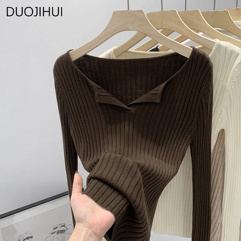 DUOJIHUI Korean New Chic V-neck Knitting Women Pullovers Autumn Fashion Striped Solid Color Simple Long Sleeve Female Pullovers