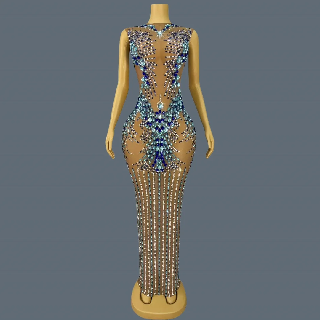 

Sparkling Rhinestone See Through Mesh Evening Gown Birthday Celebrate Prom Sexy Long Dress Nightclub Cocktail Party Lantianyise