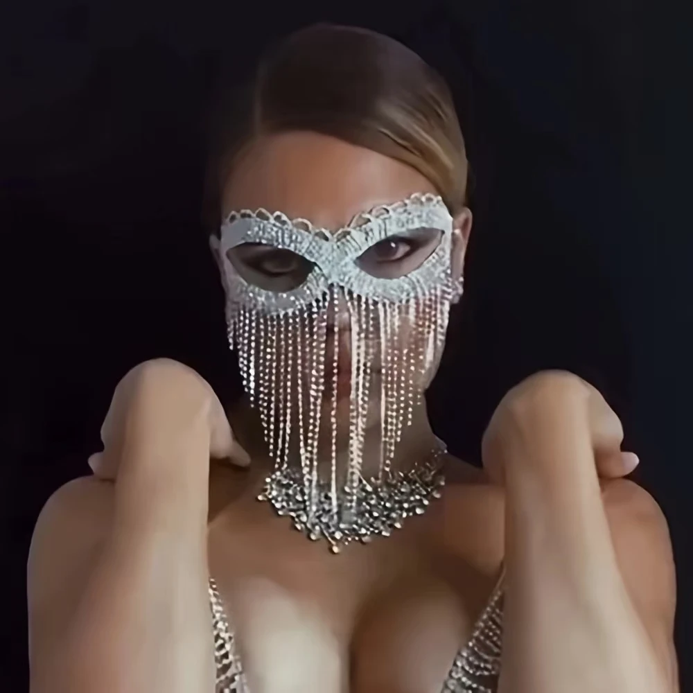 Bohemian Jewelry Full Rhinestone Tassel Facial Mask Decoration Female Bride Wedding Crystal Beads Christmas Party Accessories