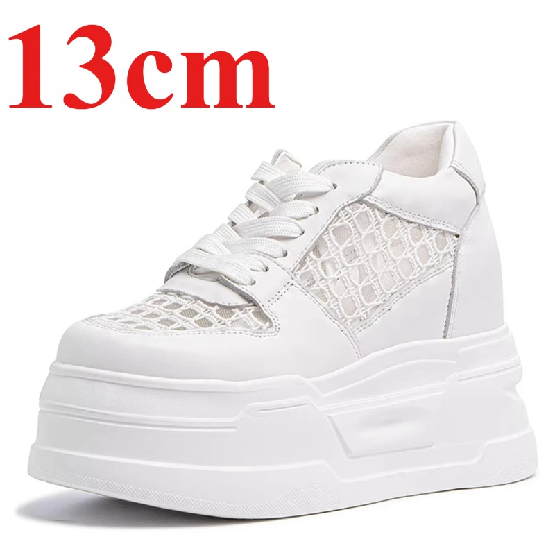 Mesh White Height Increasing Shoes for Women's 13cm Elevator Shoe Summer Genuine Leather Breathable Sports Casual Increase Shoes