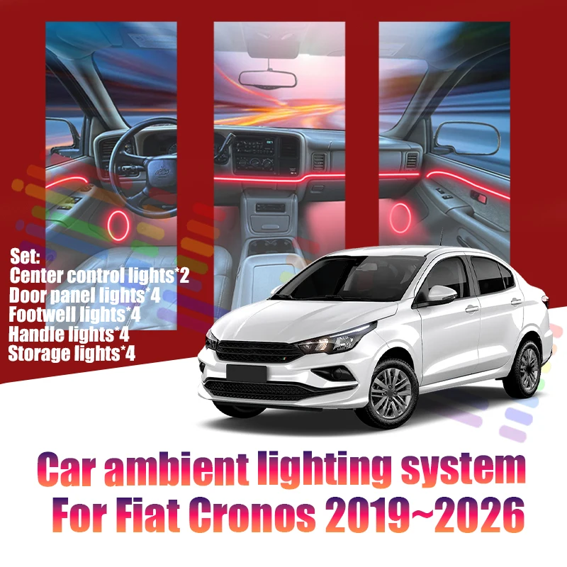 Luces LED Ambientales para Auto Fiat Cronos 2019~2026, Luces de Atmósfera Coloridas, Tira de Neón Interior para Auto, Iluminación RGB de 64 Colores, Accesorios para Auto