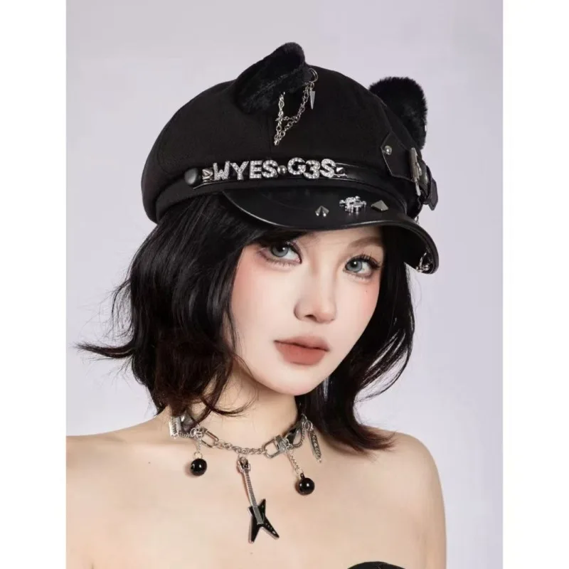 Harajuku Gothic Lolita Cool Punk Skull Spike Cap Biker Nieuws Jongen Hip Pop Hoeden Heren Vrouwen Unisex Baret Kat Oor Ontwerp Punk Caps
