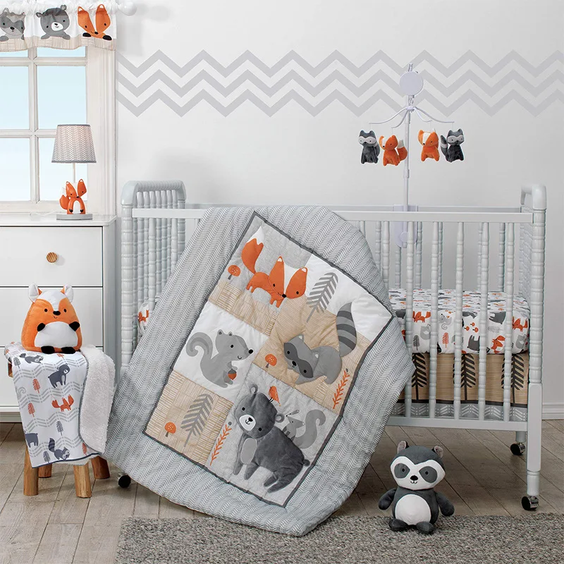 Forest Theme Bedding Crib Bumper Sheet Set Cartoon Animal Applique Comforter Baby Cot Bedding Sets