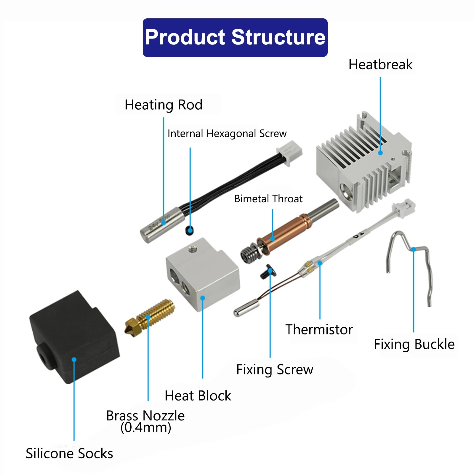 For Anycubic Kobra 3 Combo Hotend with Heatbreak Nozzle Thermistor Throat Heater Block for Anycubic Kobra3 Print Head Hot End