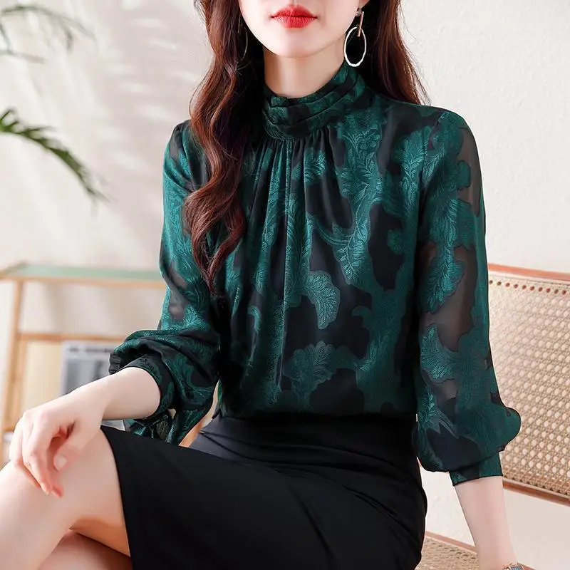 Women Korean Fashion Vintage Print Elegant Blouse Office Lady Casual Ruffled Stand Collar Shirt Sexy Mesh Long Sleeve Chic Tops