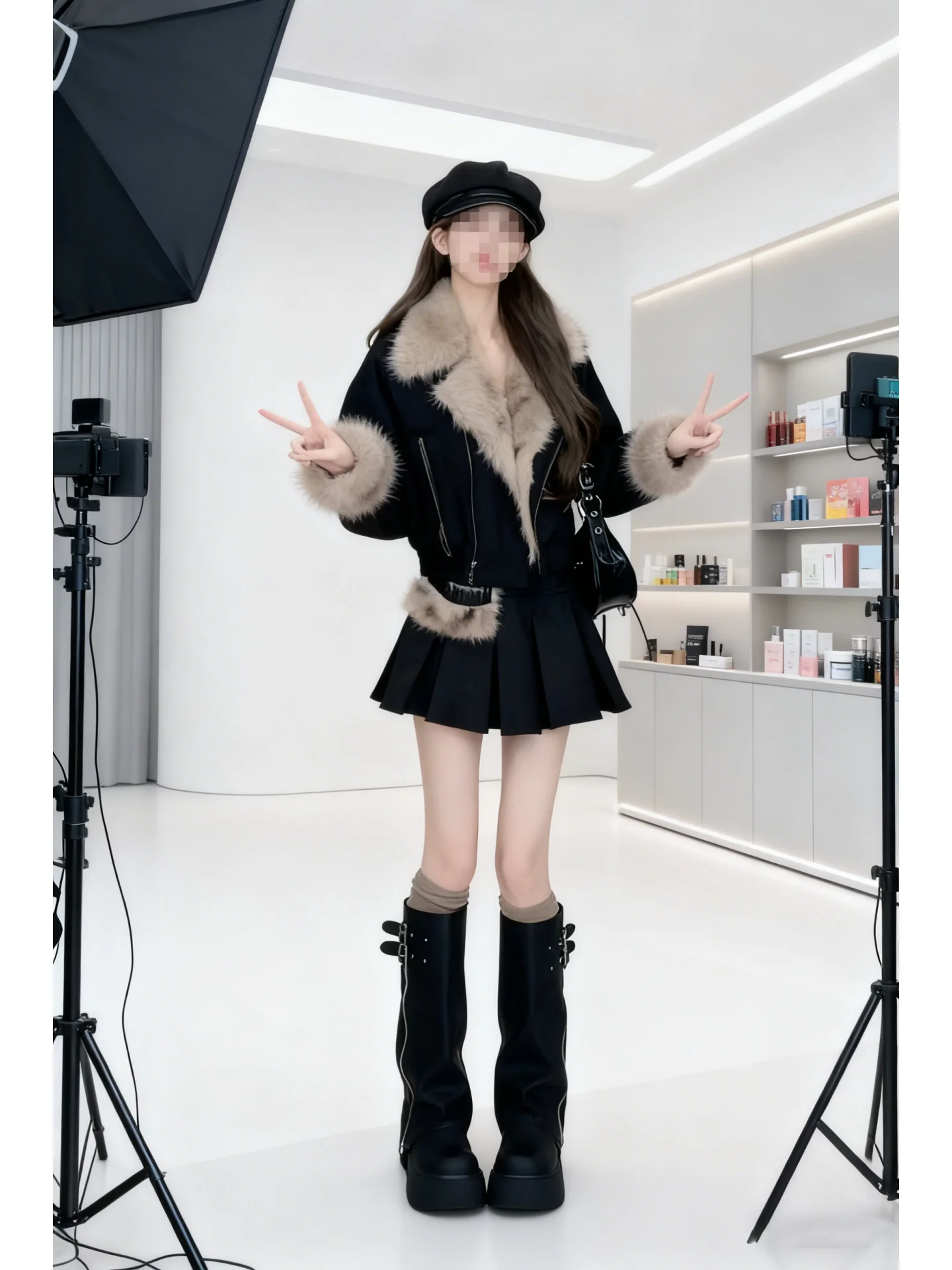 

Ele Bla комплект из двух предметов, женское осеннее пальто с воротником из искусственного меха, плиссированная юбка, свободная посадка, пышная юбка Fraance Sle