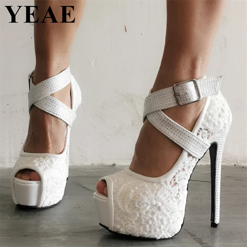 

Women White Lace Peep Toe Platform Shoes Pumps Women Buckle Strap Cross-tied High Heels Luxury Designer Wedding Party Shoes 2024