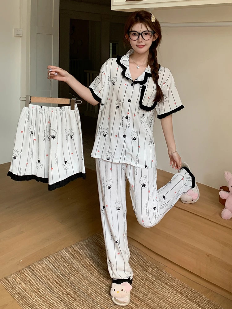 

Женский осенне-летний комплект домашней одежды из трех предметов Hello Kitty из хлопка с цветными блоками, воротником-поло и кружевной отделкой