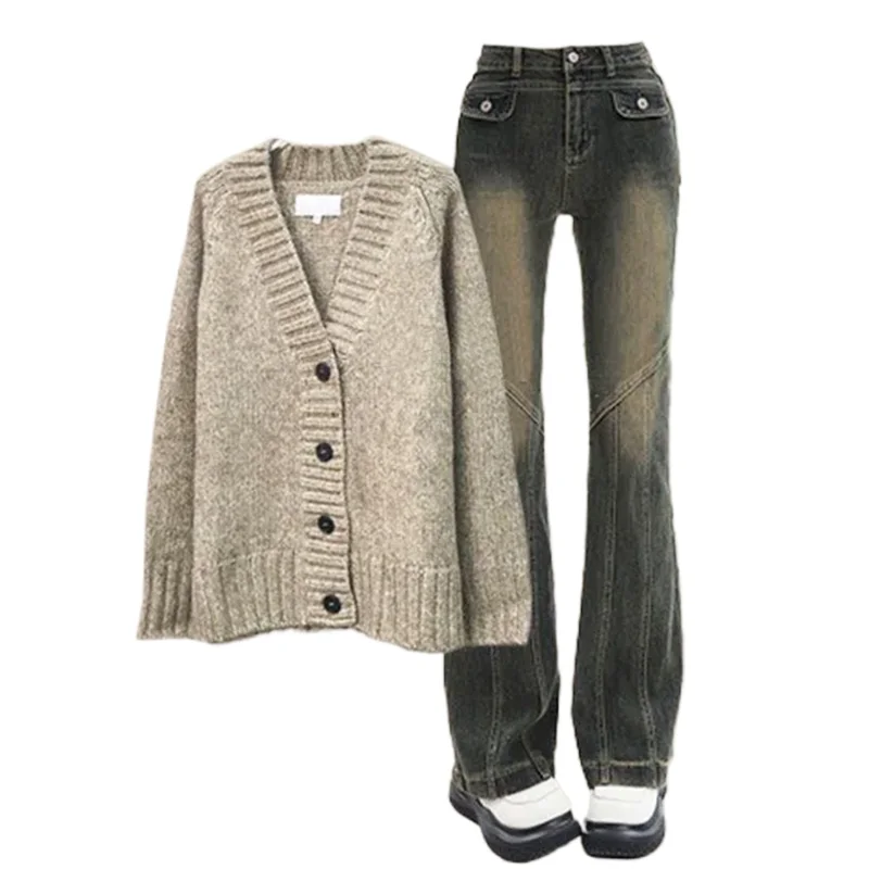 Conjunto de jaqueta de malha com suspensor de três peças, conjunto completo feminino, versão coreana, calça para outono e inverno, novo, 2024