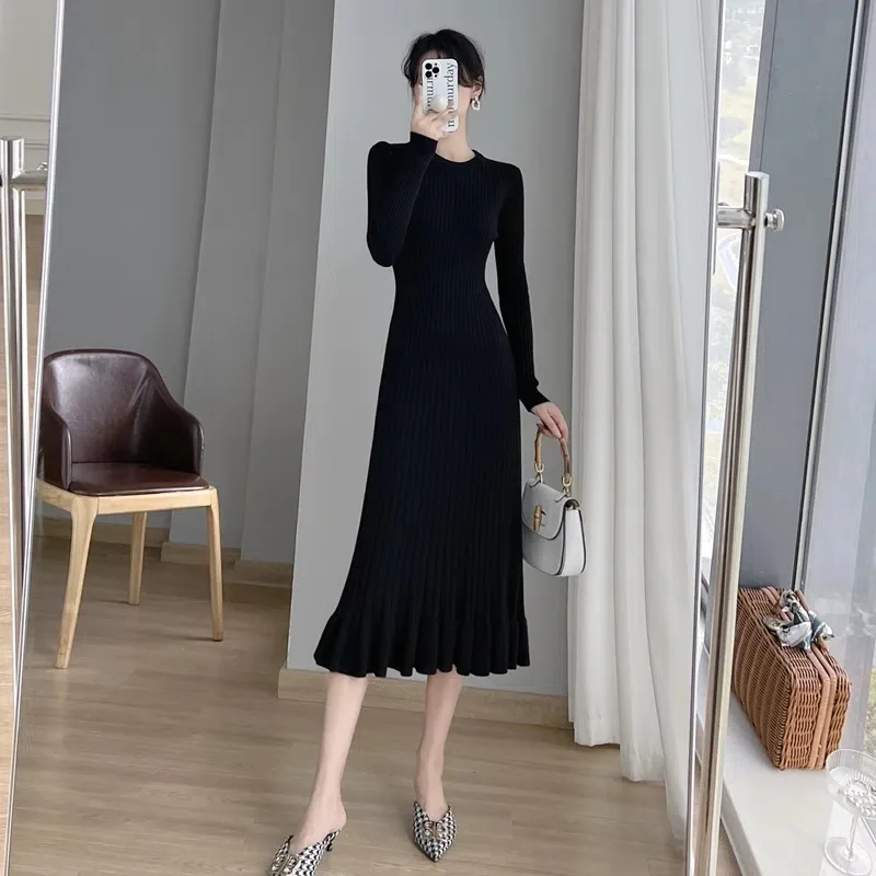 Women Vintage Sexy Knit Slim Full Long Sleeveless Spring Winter Ruffles Dress Elegant Party Evering Night Maxi Dresses