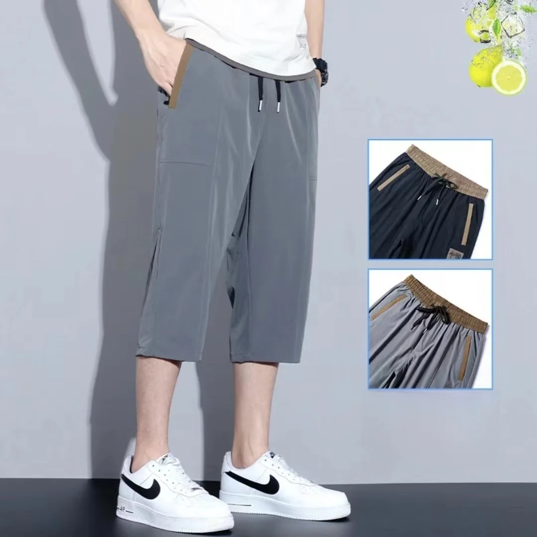 

Summer Ice Silk Thin Straight Leg Seven-Foot Pants Men Casual orts Sport Middle-Pants Faion Urban Sle Thin Fabric
