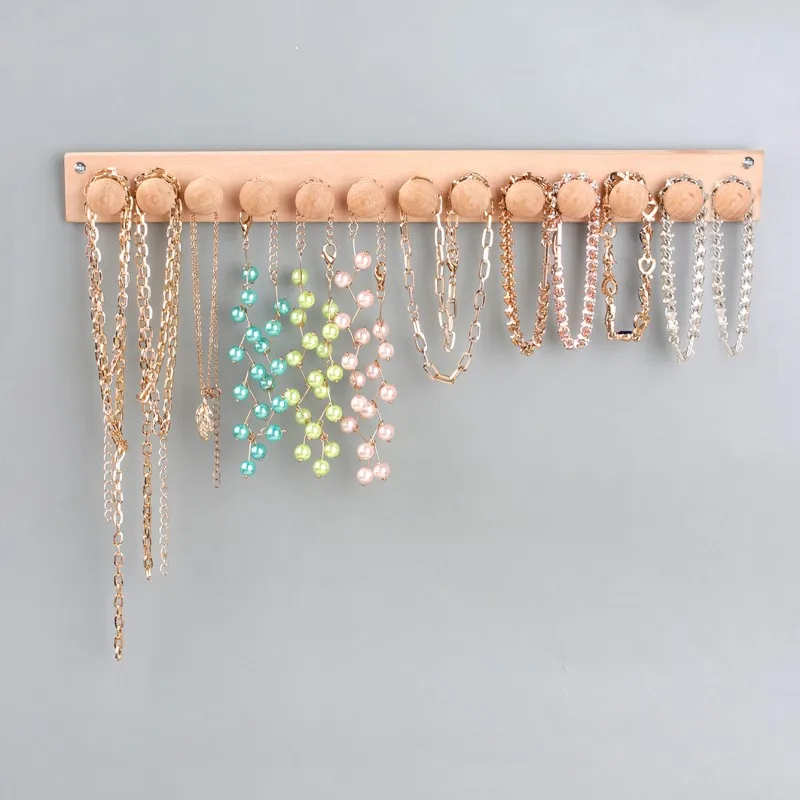 1PC Wall Organizer With Round Ball Hooks Hanging Jewelry Rack Wooden Acrylic Jewelry Display For Holding Necklace Bracelets