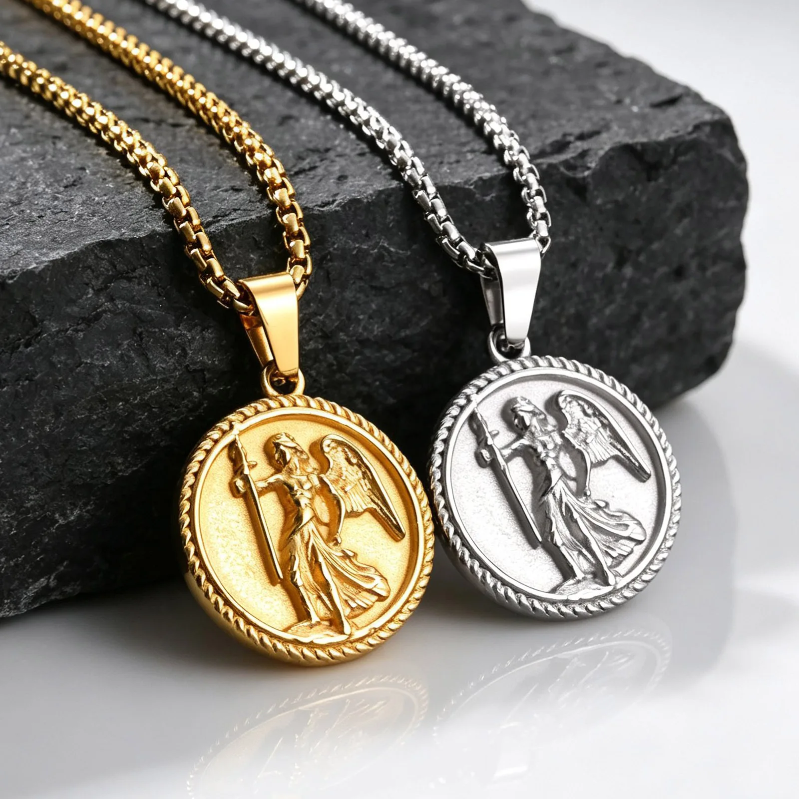 Saint Michael Archangel Pendant Necklace for Men,Stainless Steel Round Medal Neckalce,Religious Amulet Jewelry Gift
