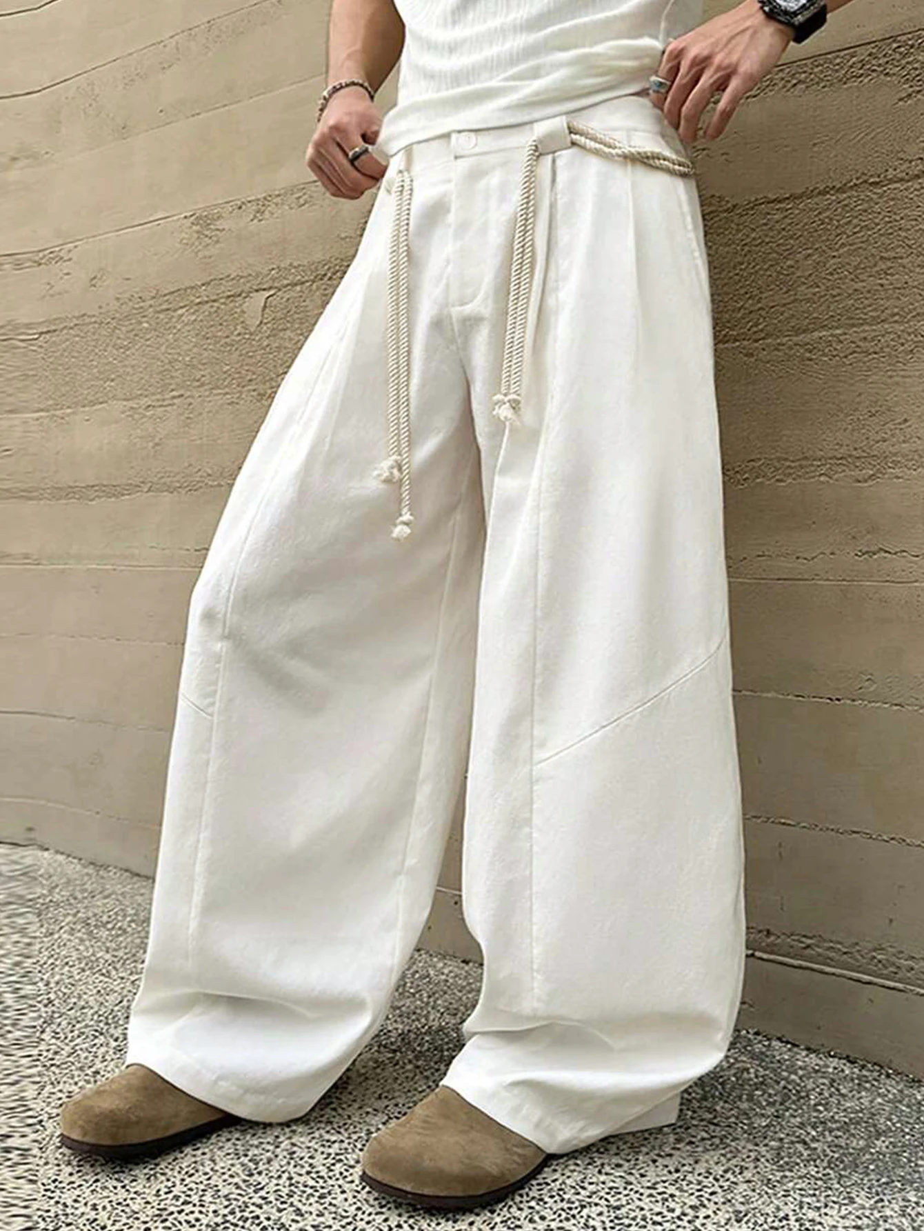 

Men's Casual American Style High Waist Wide Leg Suit Pants Autumn Winter New Arrival Lightweight Business Loose with Belt Hole