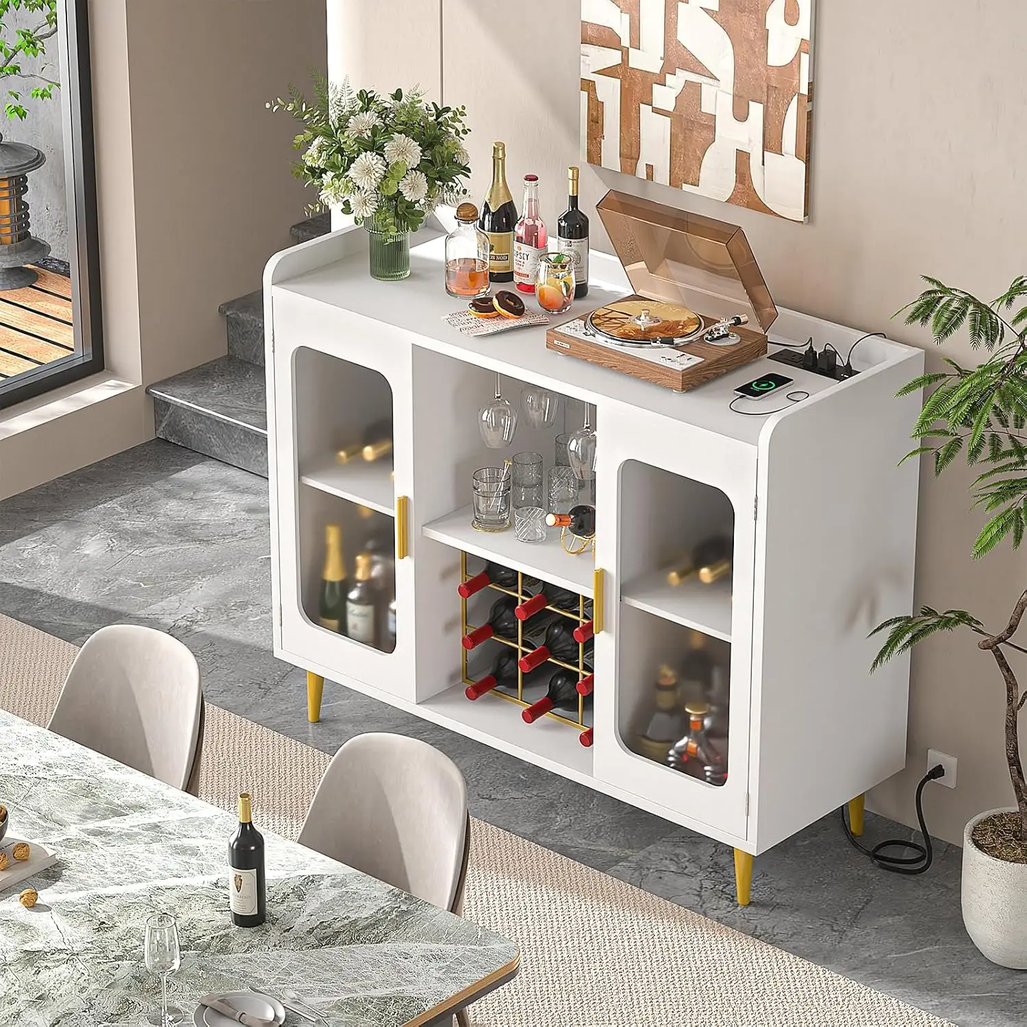 Mobile bar per vini con presa, luce LED e portabicchiere, credenza buffet da cucina bianca