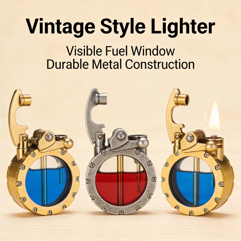 

New Elegant Vintage Rocker Arm Lighter Transparent Fuel Window Premium Retro Collection Ideal High-End Smoking Gift for Men