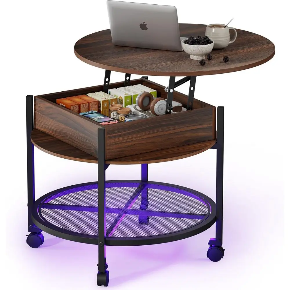 

27 Round Coffee Table with Wheels, Storage Shelf, RGB Lights, Suitable for Living Room, Office, and Balcony, Walnut Finish
