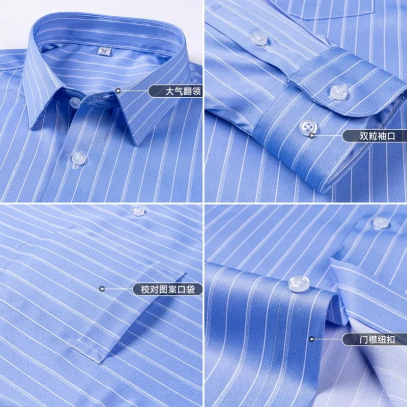 New Stretch Anti-Wrinkle Stripe Men\'s Shirts Long Sleeve Dress Shirts For Plaid Men Slim Fit Social Business Blouse Shirt S-5XL