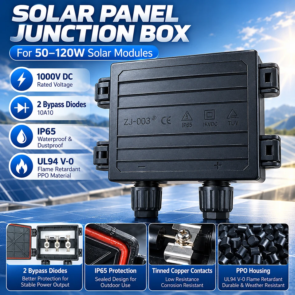 Solar Panel Junction Box 50-120W 1000V DC IP65 PV Module Box with 2 Bypass Diodes PPO Housing for 2.5/4mm² Outdoor Solar Cable