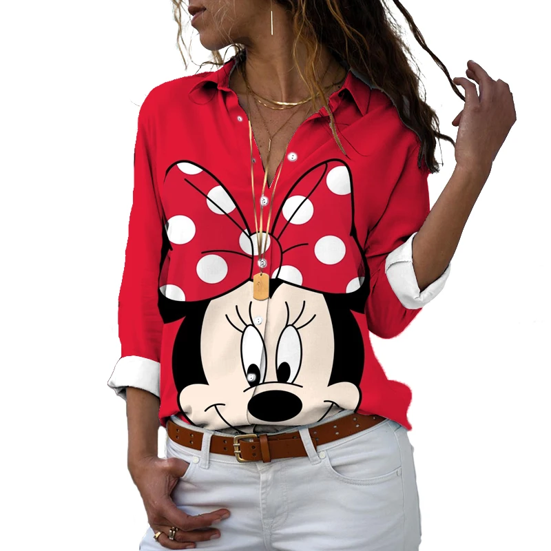 Disney long-sleeved shirt temperament top 2022 new Minnie anime loose top lapel fashion new women\'s top y2k