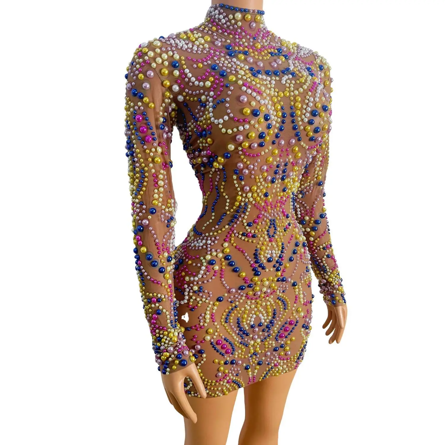 Yeguang Women Nude Mesh Multicolor Pearl Rhinestone Dress Long Sleeve High Neck Crystal Embellished Birthday Party Outfit - view 3