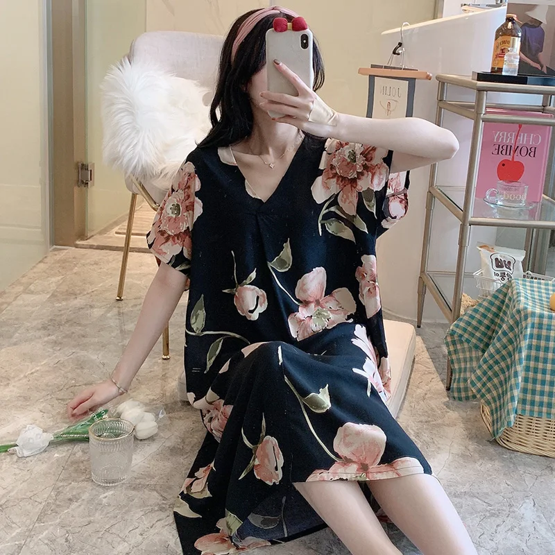 Flowers Printed Night Dress Women Sexy Sleepwear Lingerie Cute Nightdress Strap Thin Female Underwear Nighty Home Wear Clothes