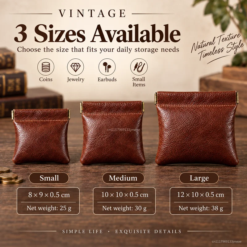 Brown Genuine Leather Coin Wallet, Retro Wax Cowhide mini Bag, Automatic Spring Sealed mini Storage Bag, Headphone Key