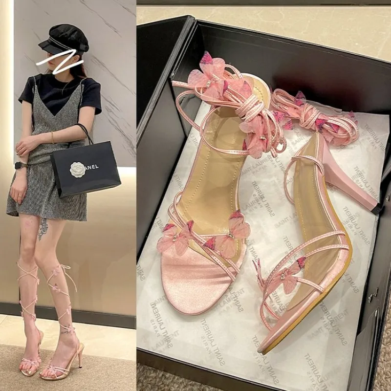 High Heels New Fashion All Match Butterfly Temperament Sexy High Heels Sweet Thin with A Word Thin Belt Sandals Woman