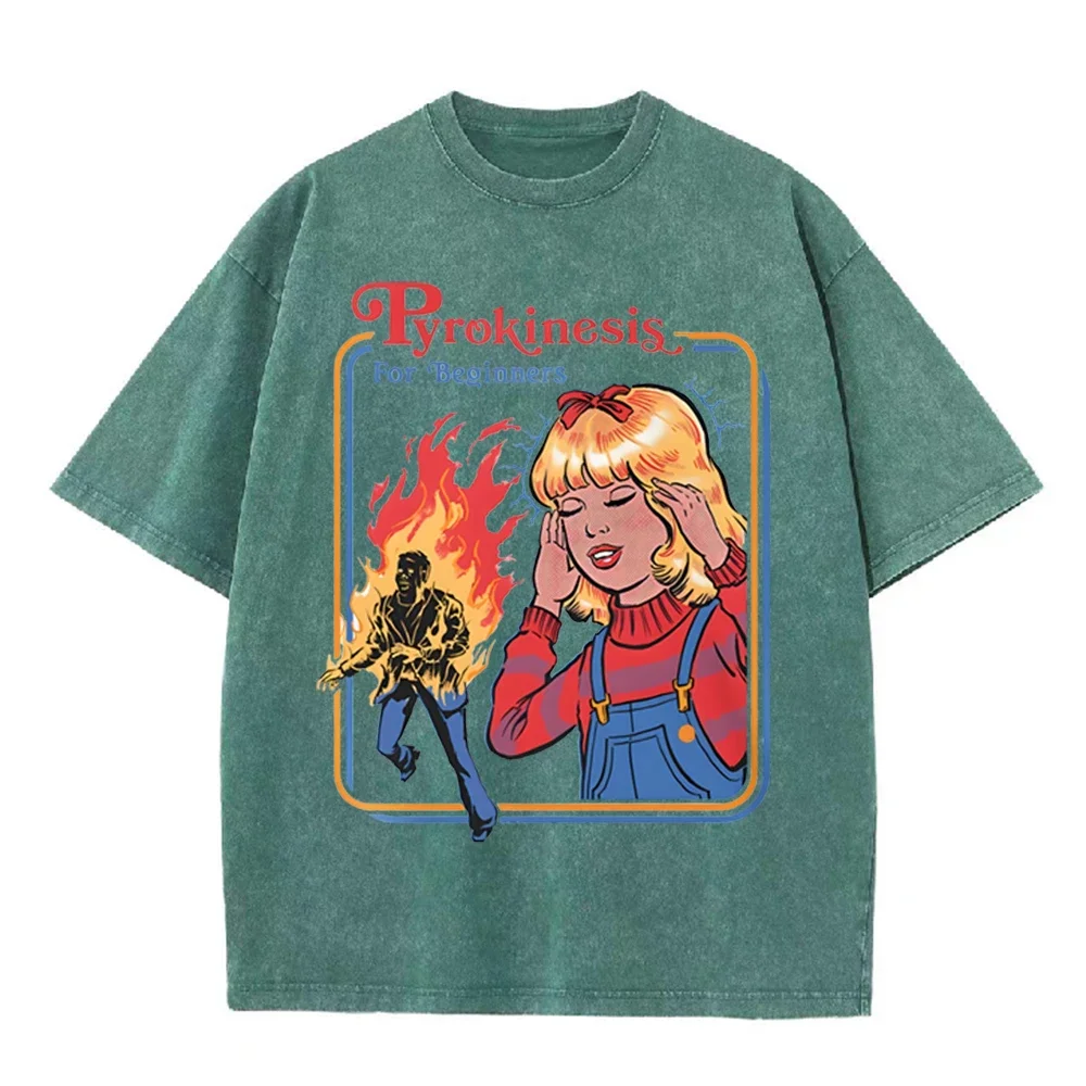 2026 Vintage Washed Beige Retro Superpower Girl Graphic T Shirt Dark Humor Comic Fire Character Print Oversized Casual Short Sle
