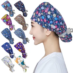 Button On Both Sides Nursing Hat Women Men Cotton Spa Printed Butterfly Hat Operation Headgear Hat Hospital Surgical Bandanna