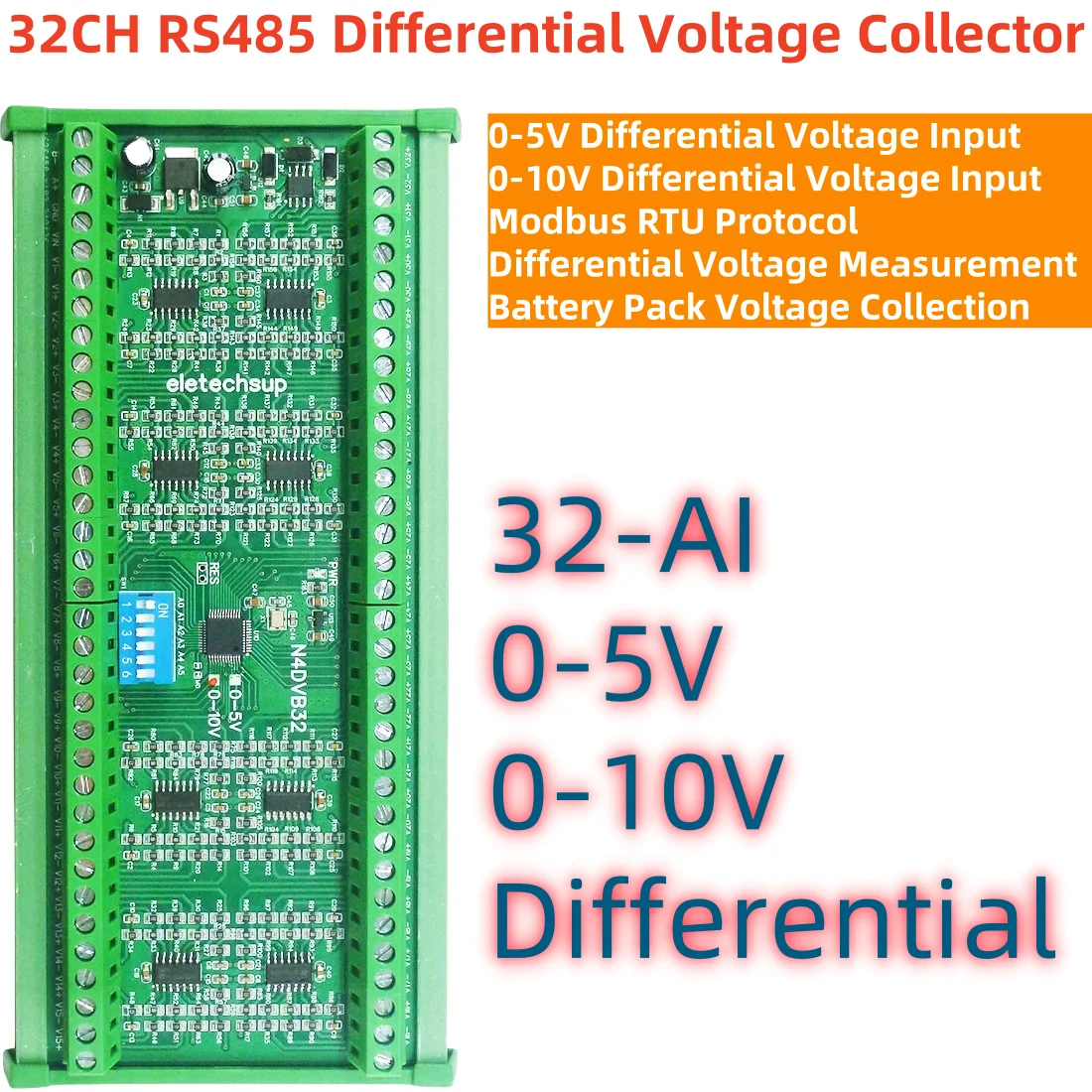 

32CH Differential Voltage Input RS485 Modbus Analog Collector DC 12V 24V for PLC HMI Battery Pack Paperless Recorder 0-5V 0-10V