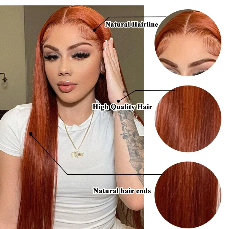 Long Straight Copper Red Ginger Brown Synthetic Lace Front Wig Pre-Plucked Heat Resistant Fiber Hair