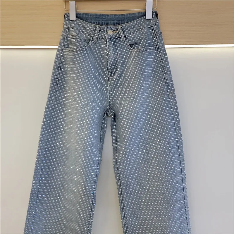 تألق الساخن الماس الجينز المرأة الضوء الأزرق واسعة الساق السراويل عالية الخصر الجينز مع الماس الشارع Trendsetters مستقيم الجينز