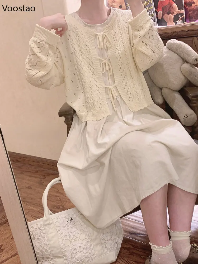 Spring Autumn Sweet Lolita Knitted Cardigan Women Retro Chic Hollowed Out Lace Up Sweater Coat Girls Harajuku Thin Knitwear Tops