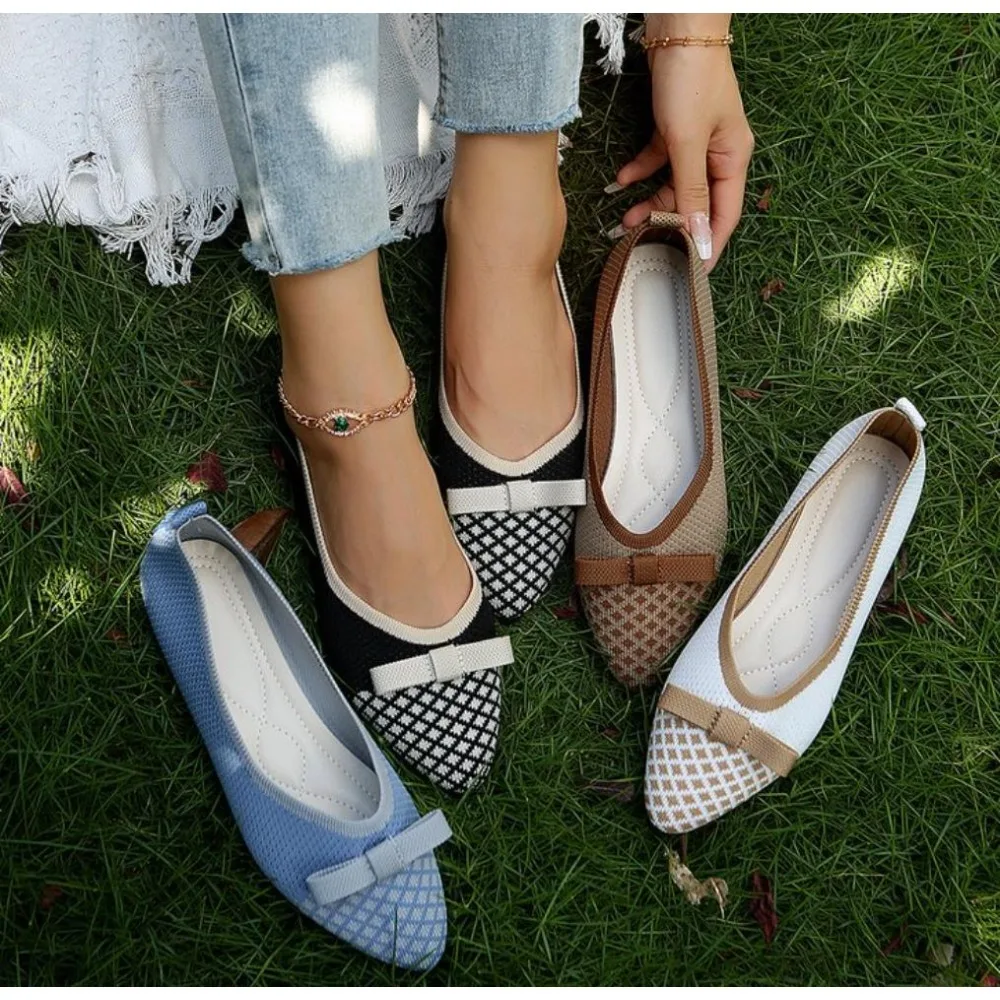 

New Women's Knitted Slip on Flats Breathable Comfortable Bowtie Walking Shoes Casual Pointed Toe Walking Sneakers Loafers