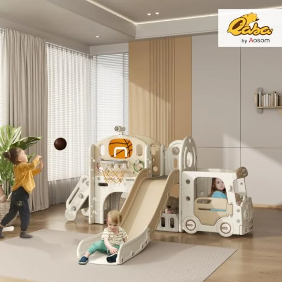 9 in 1 Toddler Slide Indoor Slide for Ages 16 Car Themed Baby Slide with Basketball Hoop Climber Storage Space Ring Toss Telesc
