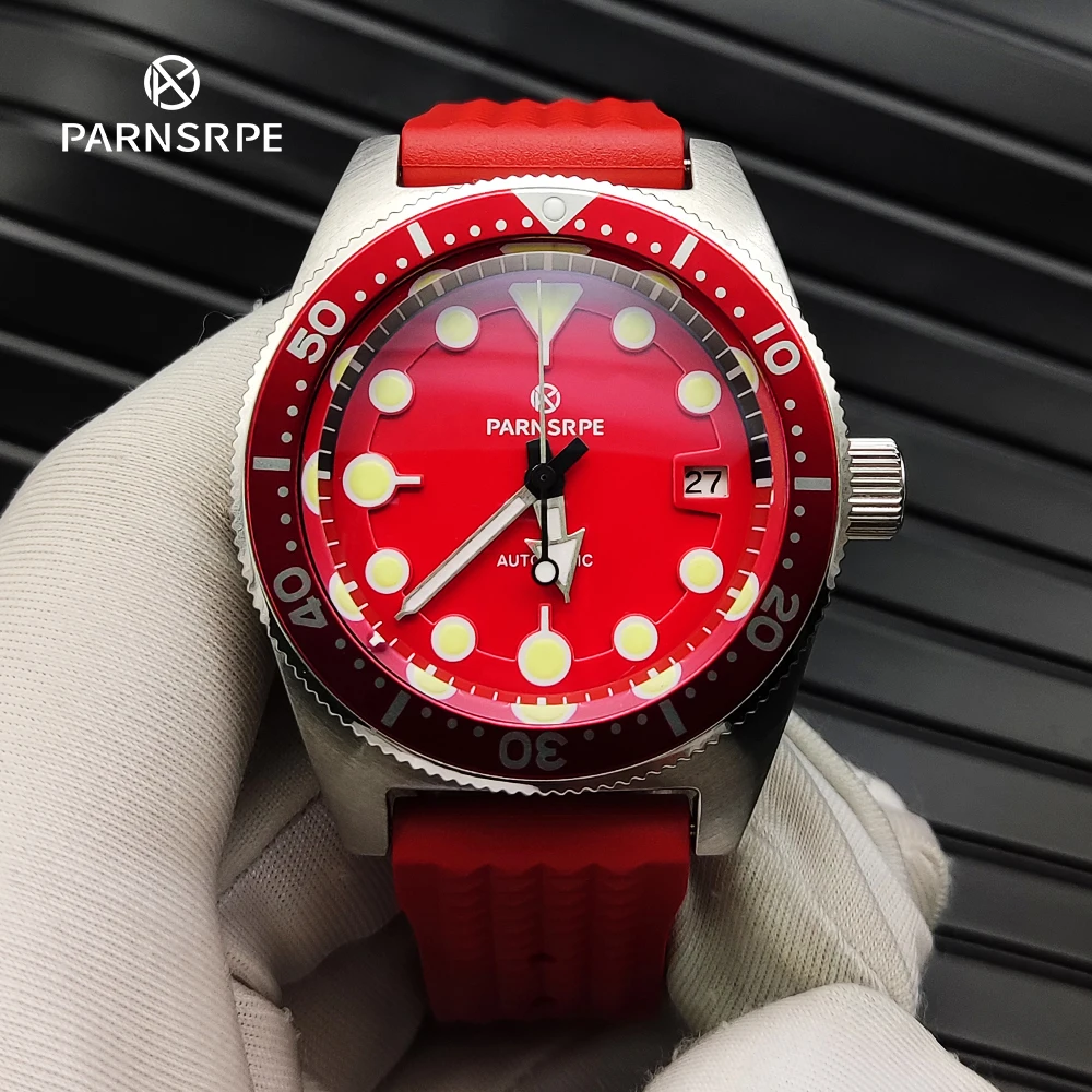 PARNSRPE NH35 40mm Red Dial Sports Watch, Mineral Crystal Solid Caseback Green Luminous Rubber Strap, Luxury Casual