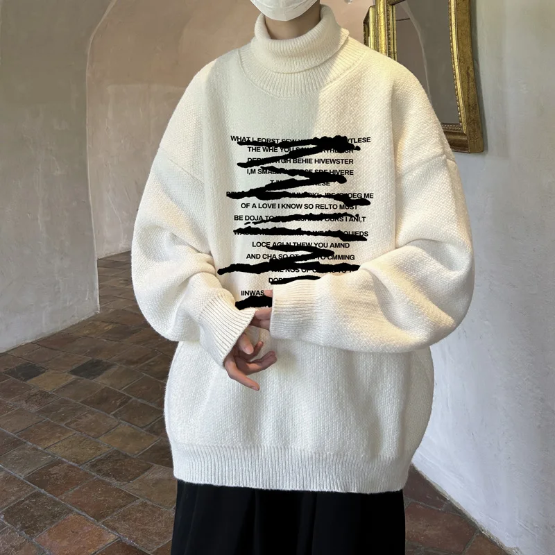 Suéteres masculinos de grandes dimensões outono camisola de malha branca gola alta 5xl carta impressão casual wear para homem pulôveres de malha roupas masculinas