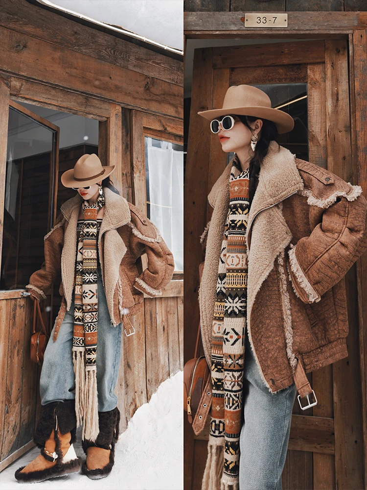 TIYIHAILEY الشتاء النساء ملابس خارجية معاطف سترة دافئة فو فرو الضأن جلد سميك جودة عالية رفض طوق البني 2025 جديد