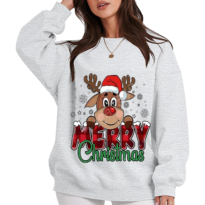 Damen-Kapuzenpullover, festliches Weihnachts-Sweatshirt mit Rentier- und Karomuster, lässig, locker, langärmelig, Rundhals-Sweatshirt für den Winter