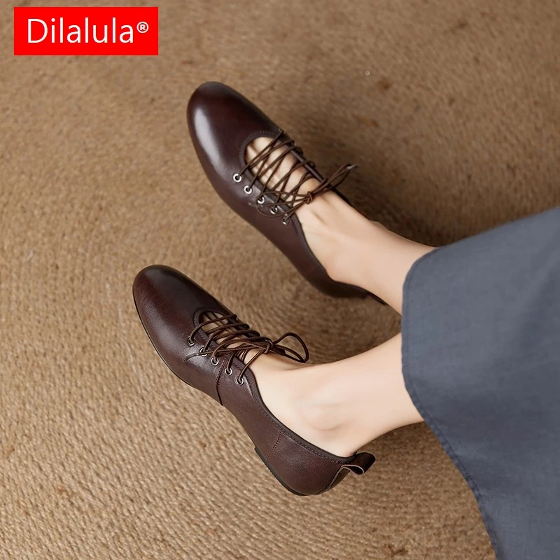 

Dilalula 2025 Newest Geunine Leather Lace Up Flats Young Women Round Toe Flat Heel Causal Pumps Female Autumn Daily Walk Shoes