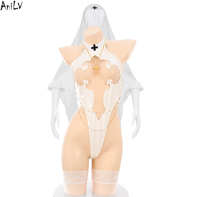 

AniLV аниме девушка, униформа Святой монахини, боевой наряд, одежда, свадебная вуаль, полое боди, костюмы для косплея
